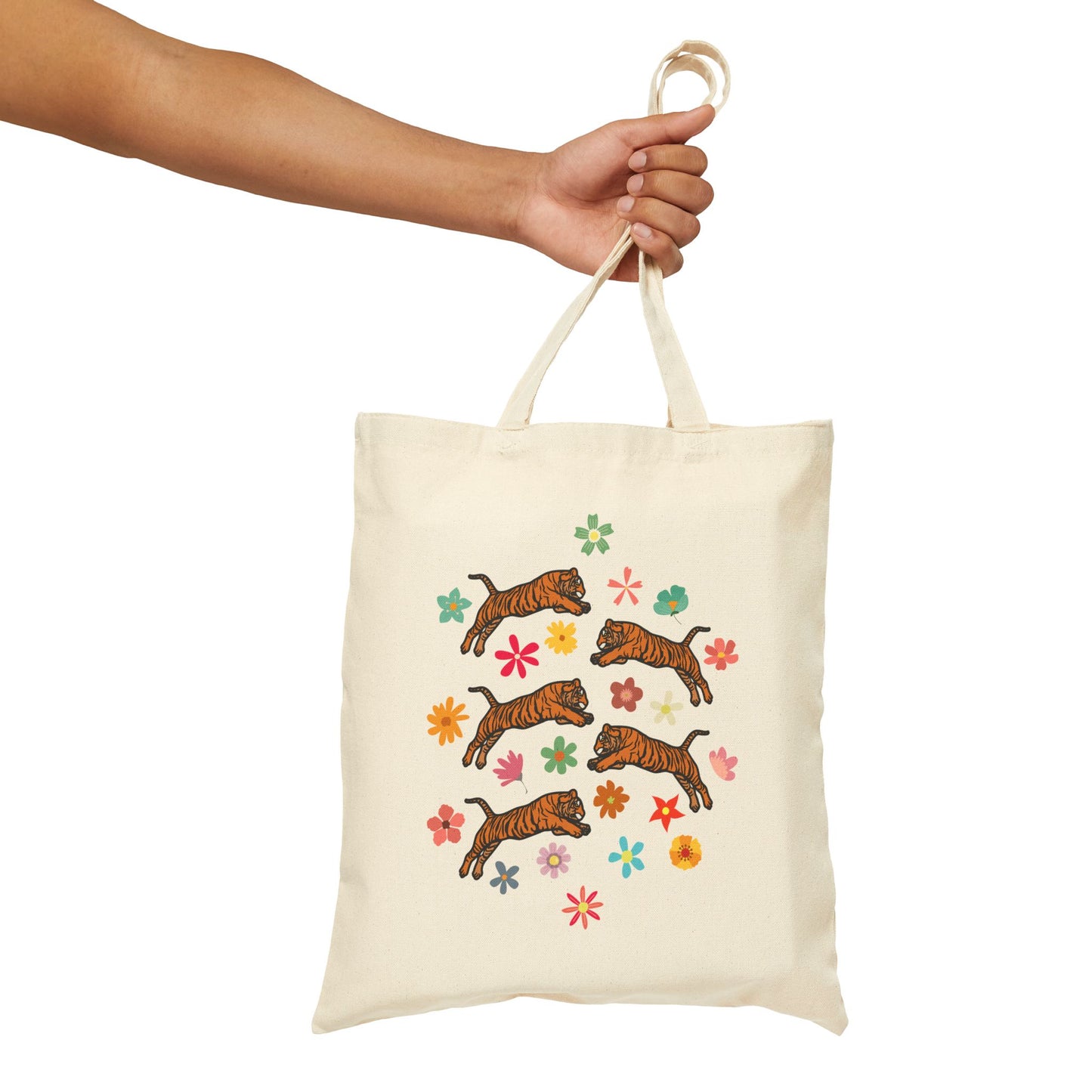 Flower Frolicking Tigers Cotton Canvas Tote Bag